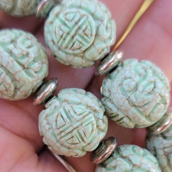 Absolutely stunning RARE Chinese natural green turquoise carved shou beads sterl - Picture 3 of 16